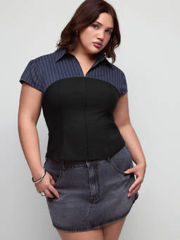 Cider - Striped Colorblock Women's Short Sleeve Blouse Black