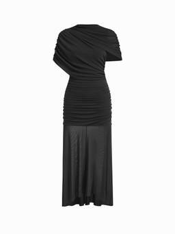 Cider - Mesh Women's Ruched High Neck High-Low Maxi Dress Black