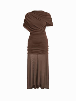Cider - Mesh Women's Ruched High Neck Poncho Sleeve Maxi Dress Brown