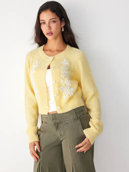 Cider - Wool-Blend Women's Floral Embroidered Button-Up Cardigan Yellow