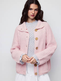 Cider - Cable Knit Women Oversized High Neck Button Cardigan Pink