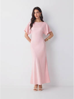 Cider - Satin Women's Boat Neck Batwing Sleeve Maxi Dress Pink