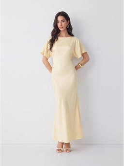 Cider - Satin Women's Boat Neck Batwing Sleeve Bow Mermaid Maxi Dress Yellow