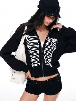 Cider - Napoleon Embroidery Women's Zip-Up Hooded Hoodie Black