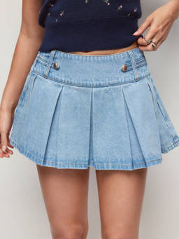 Cider - Washed Denim Women's Low-Rise Pleated Mini Skirt Blue