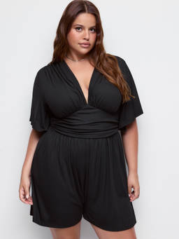 Cider - Textured Women's V-Neck Batwing Sleeve Draped Romper Black