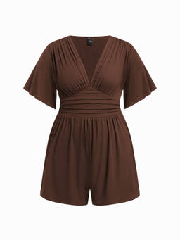 Cider - Textured Women's V-Neck Batwing Sleeve Draped Romper Brown