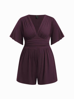 Cider - Textured Women’s V-Neck Batwing Sleeve Draped Romper Purple