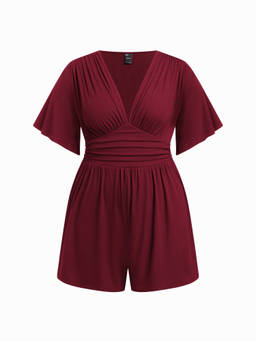 Cider - Textured Women’s V-Neck Batwing Sleeve Draped Romper Wine