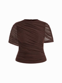 Cider - High Stretch Women’s Ruched Mesh Short Sleeve Top Brown