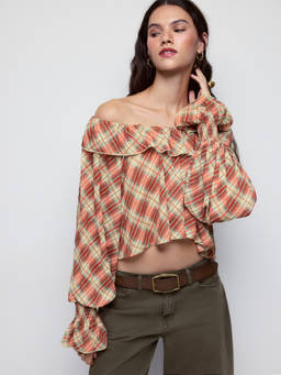 Cider - Plaid Women's Off-Shoulder Ruffled Balloon Sleeve Crop Top Red