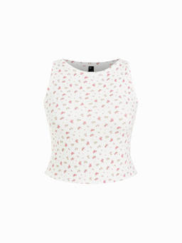 Cider - Knit Fabric Women's Floral Round Neck Crop Top White
