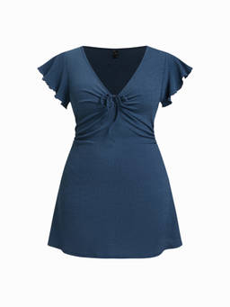 Cider - Textured Women’s V-Neck Ruffle Sleeve Drawstring A-Line Mini Dress Blue