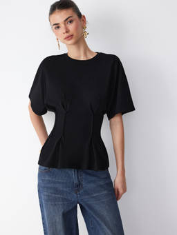 Cider - Cotton-Blend Women's Corset Peplum Hem Tee Black