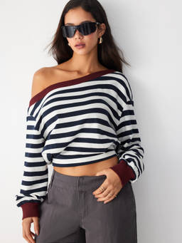 Cider - Cotton Blend Women’s Striped Asymmetrical Neck Sweatshirt Navy Blue