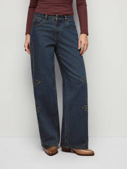 Cider - Women's Low-Rise Rhinestone Wide-Leg Jeans Indigo