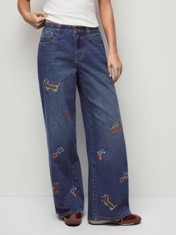 Cider - Denim Women's Low-Rise Embroidered Wide-Leg Jeans Indigo