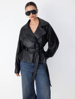 Cider - Lantern Sleeve Women's Belted Faux Leather Biker Jacket Black
