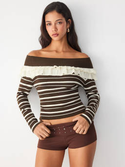 Cider - Wool-Blend Women’s Striped Ruffled Off-Shoulder Top Brown