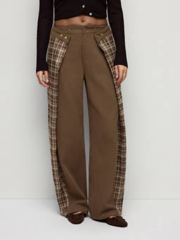 Cider - Plaid Patchwork Women Low Waist Wide Leg Jeans Brown