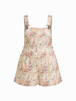 Cider - 100% Cotton Women Floral Square Neck Metal Detail Playsuit Beige