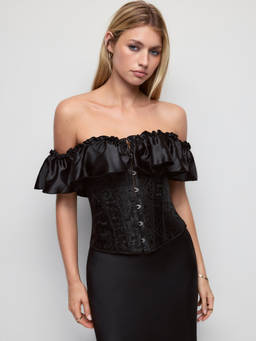 Cider - Satin Jacquard Women’s Off-Shoulder Ruffle Corset Top Black