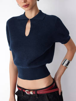 Cider - Knit Cotton-blend Women Cut-Out Polo Neck Top Navy Blue
