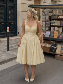 Cider - Floral Women's Sweetheart Neck Lace A-Line Midi Dress Yellow