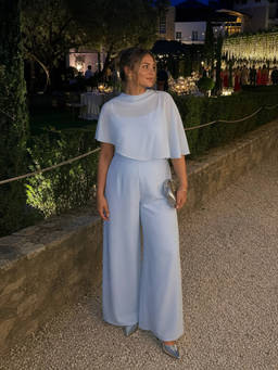 Cider - Stand Collar Women's Asymmetrical Cape Wide-Leg Jumpsuit Blue