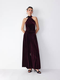 Cider - Velvet Women's Ruched Halter Neck Wide-Leg Jumpsuit Purple