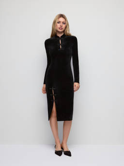 Cider - Velvet Women's Slim High Neck Split Midi Dress Black
