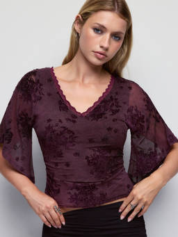 Cider - Mesh Flocking Women's Floral V-Neck Bell Sleeve Top Purple