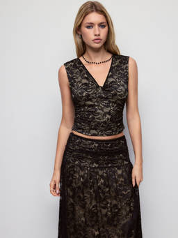 Cider - Lace Women's Ruched V-Neck Skirt Set Black