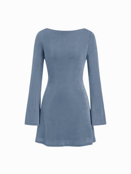 Cider - Textured Women’s Cowl Neck Backless Lace Panel Mini Dress Blue