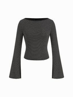 Cider - Striped Women's Boat Neck Bell Sleeve Slim Top Black
