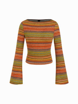 Cider - Striped Women's Boat Neck Bell Sleeve Slim Top Orange