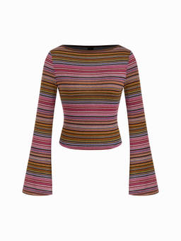 Cider - Women's Striped Boat Neck Bell Sleeve Slim Top Pink
