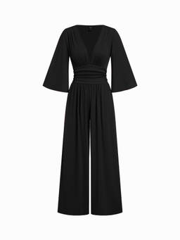 Cider - Textured Women’s V-Neck Ruched Wide-Leg Jumpsuit Black