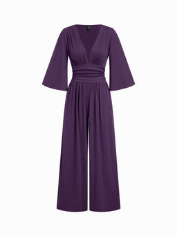 Cider - Textured Women’s V-Neck Bell Sleeve Wide-Leg Jumpsuit Purple