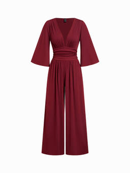 Cider - Textured Women's V-Neck Bell Sleeve Wide-Leg Jumpsuit Wine