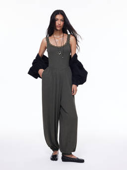 Cider - High Rise Women’s Scoop Neck Lace Trim Barrel-Leg Jumpsuit Grey