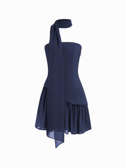 Cider - Chiffon Women's Bandeau Lace-Up A-Line Mini Dress Navy Blue