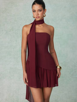 Cider - Chiffon Women's Bandeau Lace-Up A-Line Mini Dress Wine