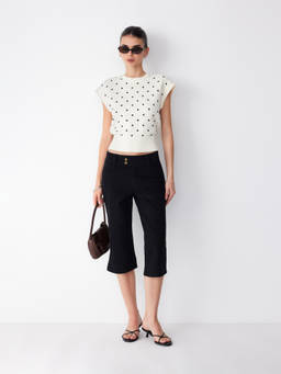 Cider - Knit Cotton-blend Women Polka Dot Ribbed Hem Vest Beige