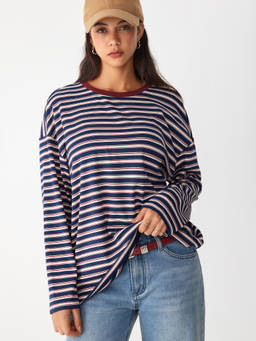 Cider - Contrast Trim Women Striped Oversized Long Sleeve Tee Navy Blue