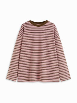 Cider - Contrast Trim Women Striped Oversized Long Sleeve Tee Pink