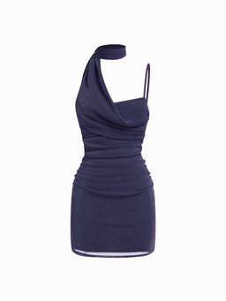 Cider - Metallic Mesh Women's Ruched Asymmetrical Neck Bodycon Mini Dress Purple