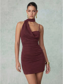 Cider - Metallic Mesh Women's Ruched Asymmetrical Neck Bodycon Dress Wine