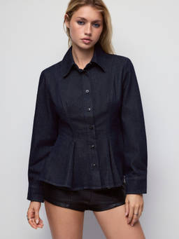 Cider - Denim Washed Women’s Peplum Hem Button-Down Blouse Navy Blue