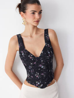Cider - Jacquard Floral Women Sweetheart Lace-Up Asymmetrical Tank Top Black